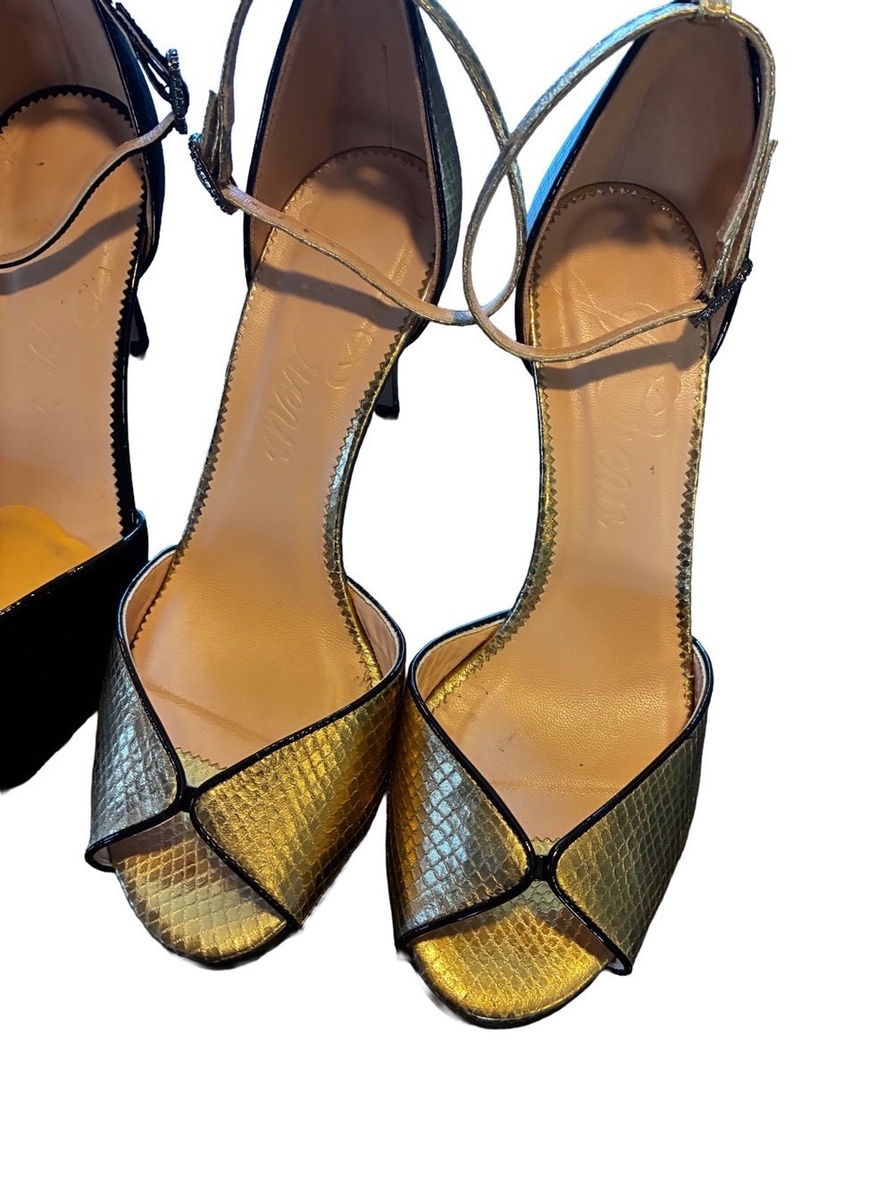 J.Crew Rylie Peep Toe Heels Bundle Black Velvet & Gold Italian Leather Size 7.5 - Picture 3 of 8